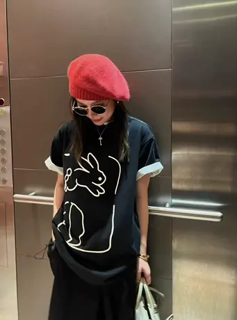 美式复古纯棉正肩短袖t恤女夏季宽松潮牌ins设计感小众半袖上衣服商品大图