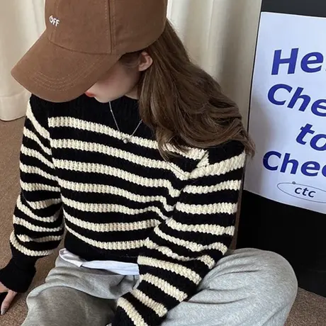 条纹针织衫毛衣女复古日系春秋宽松套头外穿ins慵懒风小个子外套商品大图