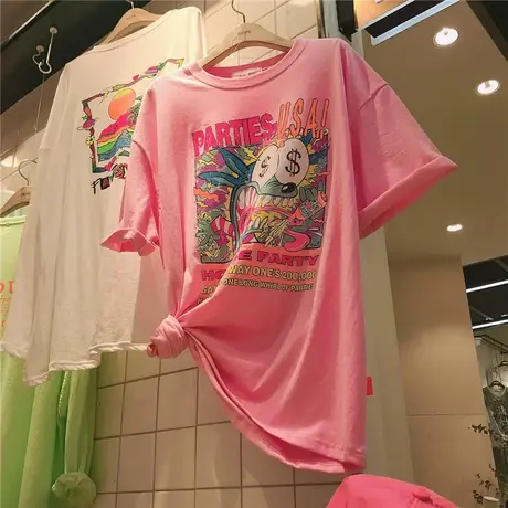 韩国东大门短袖t恤女2020夏季新款洋气甜美卡通粉色宽松百搭上衣图片
