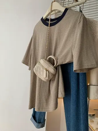 个性简约经典撞色条纹圆领短袖t恤女洋气百搭小衫别致打底衫上衣图片