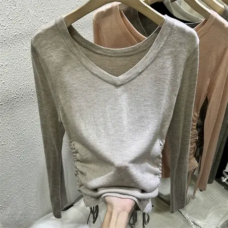 法式V领上衣抽绳褶皱冰丝T恤女2023年早秋新款长袖修身弹力打底衫商品大图