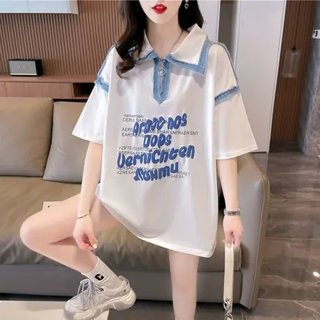 小众设计感短袖t恤女夏季韩版宽松大码女装中长款牛仔拼接上衣服图片