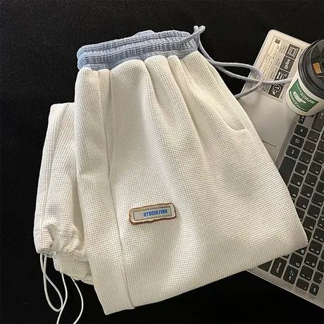 华夫格阔腿裤子女夏季薄款设计感高级宽松休闲运动束脚直筒裤春秋图片