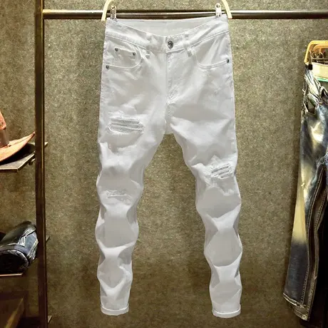 破洞镶钻牛仔裤男高级感修身小脚裤夏季薄款白色潮牌痞帅炸街裤子商品大图