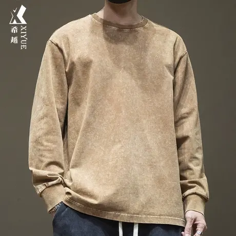 希越秋季新款纯棉长袖T恤男焦糖色简约百搭打底体恤宽松大码上衣商品大图