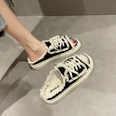 小白凉拖鞋女外穿ins潮2023年夏季新款百搭小众厚底帆布运动凉拖商品大图