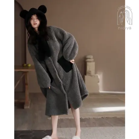 妮狄娅新款睡衣睡袍女冬季珊瑚绒长袖简约连帽围脖加厚保暖家居服商品大图