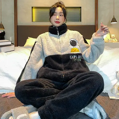 睡衣女珊瑚绒拉链款秋冬季加绒加厚冬天家居服女士套装冬款法兰绒图片