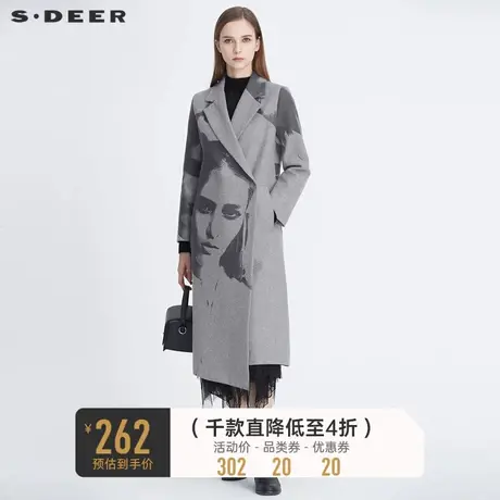 sdeer圣迪奥冬季女装西装领人像印花中长款灰色毛呢大衣S20481818图片