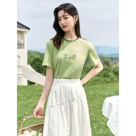 茵曼清新T恤2023夏女装新款纯棉绣花撞色圆领落肩袖短袖百搭上衣商品大图