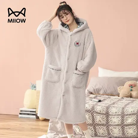 猫人秋冬珊瑚绒睡衣可爱甜美加厚家居服睡衣北极绒格子甜美睡袍图片