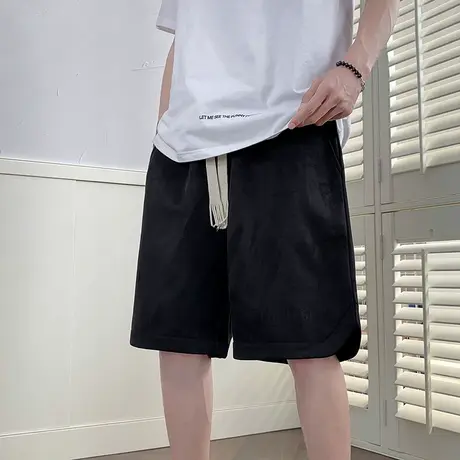夏季薄简约纯色编织抽绳运动短裤男生潮牌街头宽松阔腿五分中裤子商品大图
