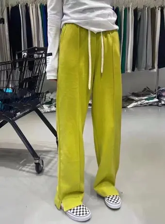 抽绳开叉阔腿裤女高腰垂感春秋休闲火龙果色裤子宽松显瘦拖地长裤商品大图