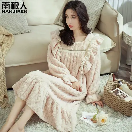 睡裙女冬季珊瑚绒法兰绒加绒加厚秋冬款长袖孕妇方领睡衣女春秋款商品大图