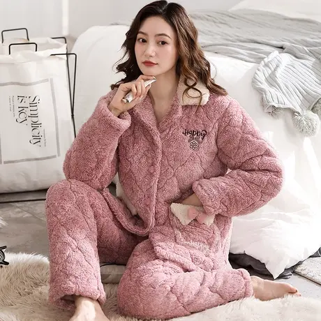 睡衣女秋冬季珊瑚绒加绒加厚三层夹棉法兰绒套装家居服套装可外穿商品大图