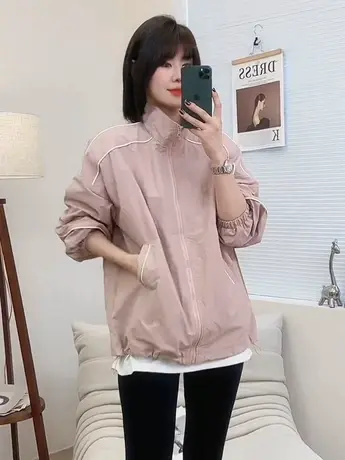 撞色宽松立领冲锋衣防晒外套女2023春季新款下摆抽绳休闲夹克上衣商品大图
