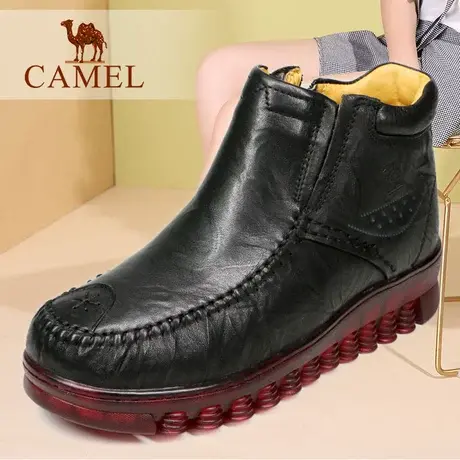 Camel/骆驼女鞋 冬款真牛皮短筒加绒加厚保暖休闲皮靴 妈妈靴子图片