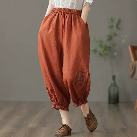 dza 高腰显瘦白色宽松阔腿亚麻裤女夏薄款刺绣萝卜裤九分棉麻裤子图片