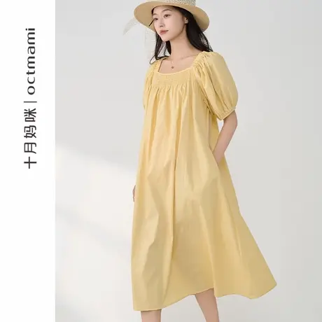 十月妈咪孕妇褶皱泡泡袖连衣裙2025新款夏季薄款外穿宽松短袖裙图片