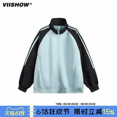 VIISHOW复古撞色插肩袖开衫立领外套男春秋宽松慵懒情侣百搭卫衣图片