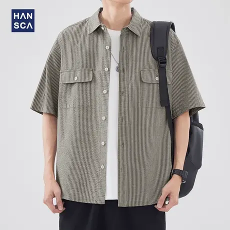 hansca泡泡纱翻领短袖衬衫男夏季薄款清凉透气日系青少年上衣外套商品大图