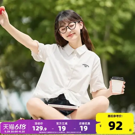 唐狮2024夏季新款短袖t恤白色衬衫女不规则设计感宽松衬衣学院风图片