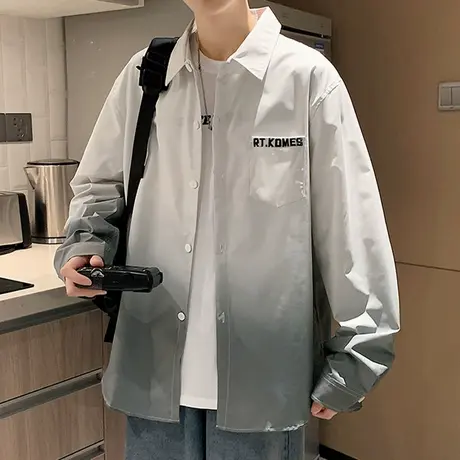 渐变色衬衫男长袖夏季潮牌翻领宽松休闲上衣美式男士衬衣春秋外套商品大图