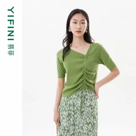 [专柜同款]Yifini/易菲合体短款毛衫抽褶气质斜领针织衫夏装新款商品大图