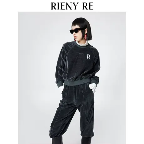 RIENYRE秋冬季原创设计高级感打底假两件铆钉荷叶装饰丝绒卫衣女图片