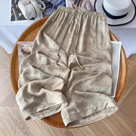 拉夏贝尔卡其色醋酸提花阔腿裤女夏薄款2025新款垂感九分直筒裤图片