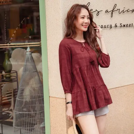 桔熊春季韩版复古气质泡泡袖遮肉中长款上衣女胖妹妹大码AB14827图片