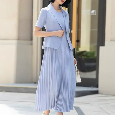 首尚格释淡蓝色连衣裙套装夏2023年新款气质端庄修身显瘦两件套裙图片