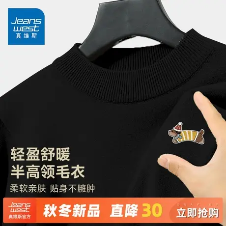 GV真维斯黑色毛衣男春秋薄款半高领保暖毛衫男式小狗印花针织衫A商品大图