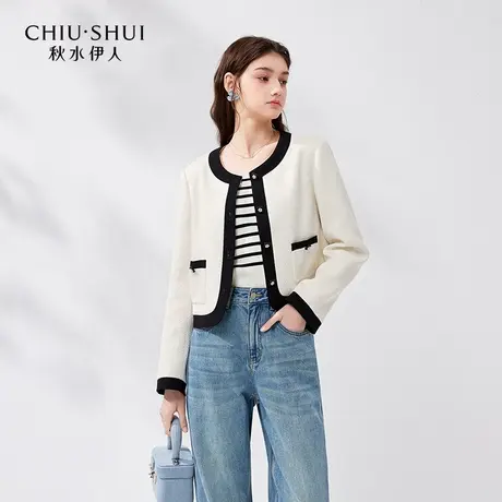 【添添kindiy】秋水伊人时尚撞色小香风外套女圆领百搭小个子上衣图片