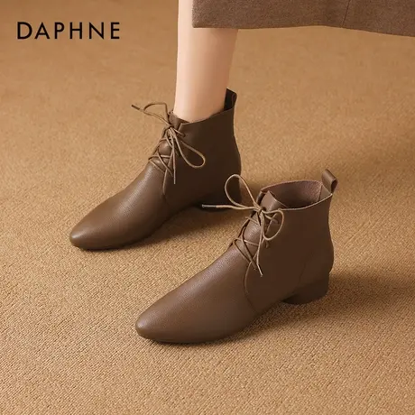 达芙妮尖头短靴女款2026新款平底瘦瘦靴子棕色女士加绒粗跟马丁靴商品大图