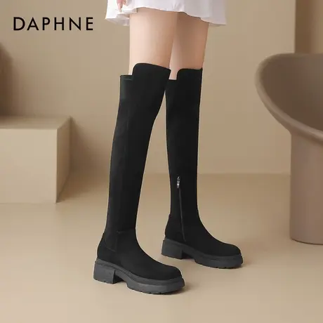 达芙妮过膝长筒靴子女2025新款秋冬弹力瘦瘦靴黑色厚底高筒骑士靴图片