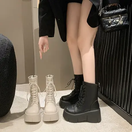 时装高跟短靴女2023年秋季新款小个子高级感ins潮松糕厚底马丁靴图片