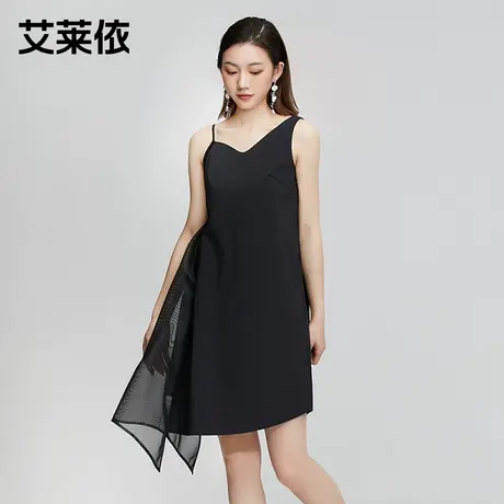 艾莱依夏赫本风黑色吊带连衣裙女修身显瘦拼接网纱裙子图片