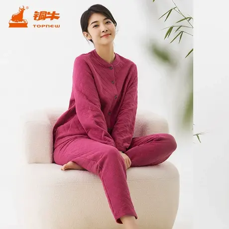 铜牛菱形环提花暖棉开襟家居女套 2023秋冬新款家居服厚款女VJ109商品大图