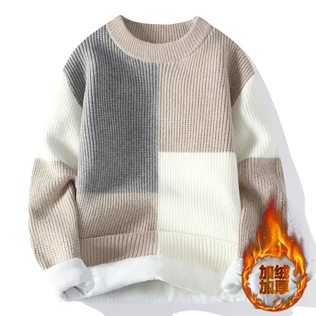 拼接撞色毛衣男秋冬加绒加厚圆领打底针织衫男冬季时尚百搭毛线衣商品大图