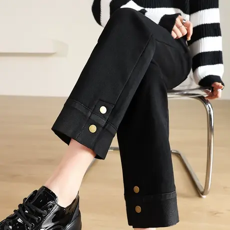 加绒牛仔裤女秋冬季2023新款高腰直筒显瘦小个子九分拼接烟管裤子商品大图