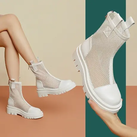 2023夏季新款真皮圆头平底凉鞋镂空高帮高跟鞋夏天凉鞋女网靴商品大图