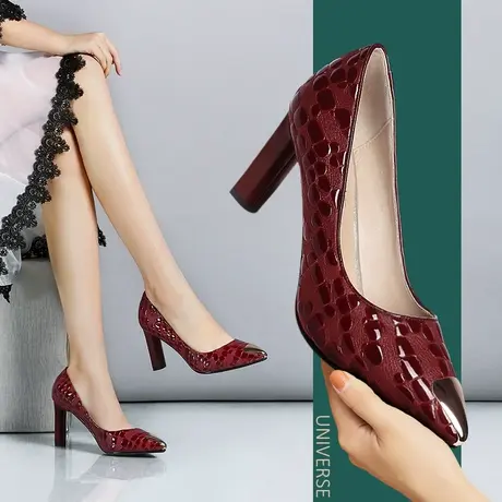 尖头气质OL黑色高跟鞋春季新品真皮手工舒适金属包头粗跟单鞋女图片