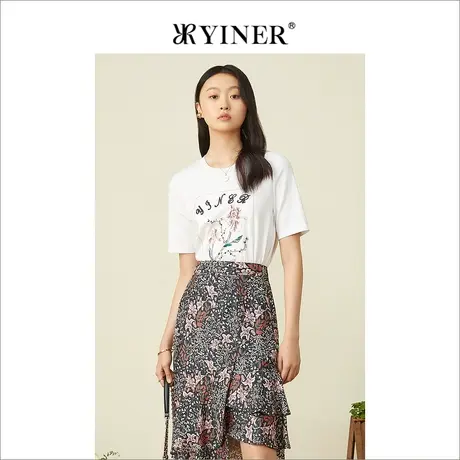 YINER音儿女装春季艺术图案花朵圆领短袖T恤商品大图