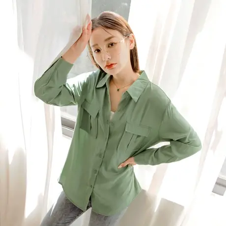 桔熊秋季通勤翻领微光泽感口袋长袖衬衫上衣女胖妹妹大码AB17581图片