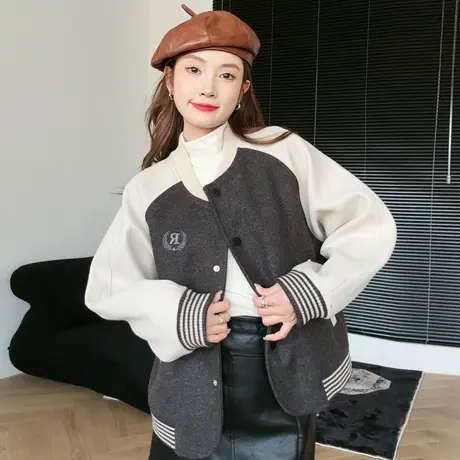 尔给拼色国潮vintage美式棒球服外套女款2023新款秋冬小个子加厚商品大图
