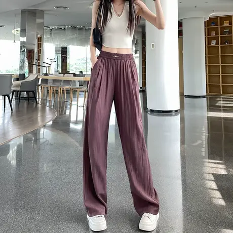 褶皱冰丝阔腿裤女夏季薄款高腰垂感直筒棉麻休闲凉凉拖地亚麻裤子图片
