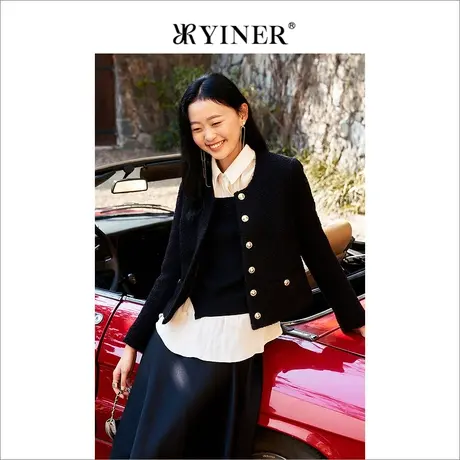 YINER音儿专柜女装2022春季新款撞色假两件羊毛针织衫商品大图