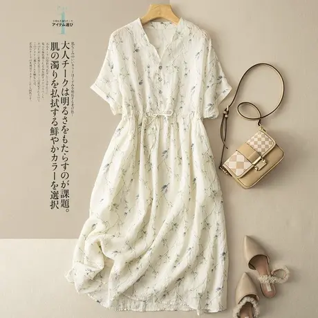 享永子短袖印花苎麻连衣裙女夏文艺复古高腰垂感宽松显瘦2023新款图片