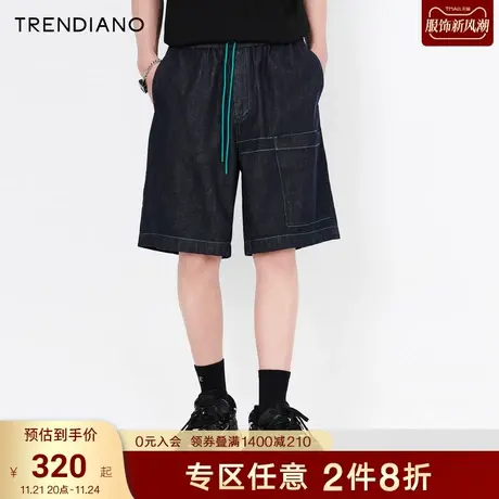 TRENDIANO夏季新款潮流抽绳牛仔短裤男款宽松百搭纯棉五分休闲裤商品大图